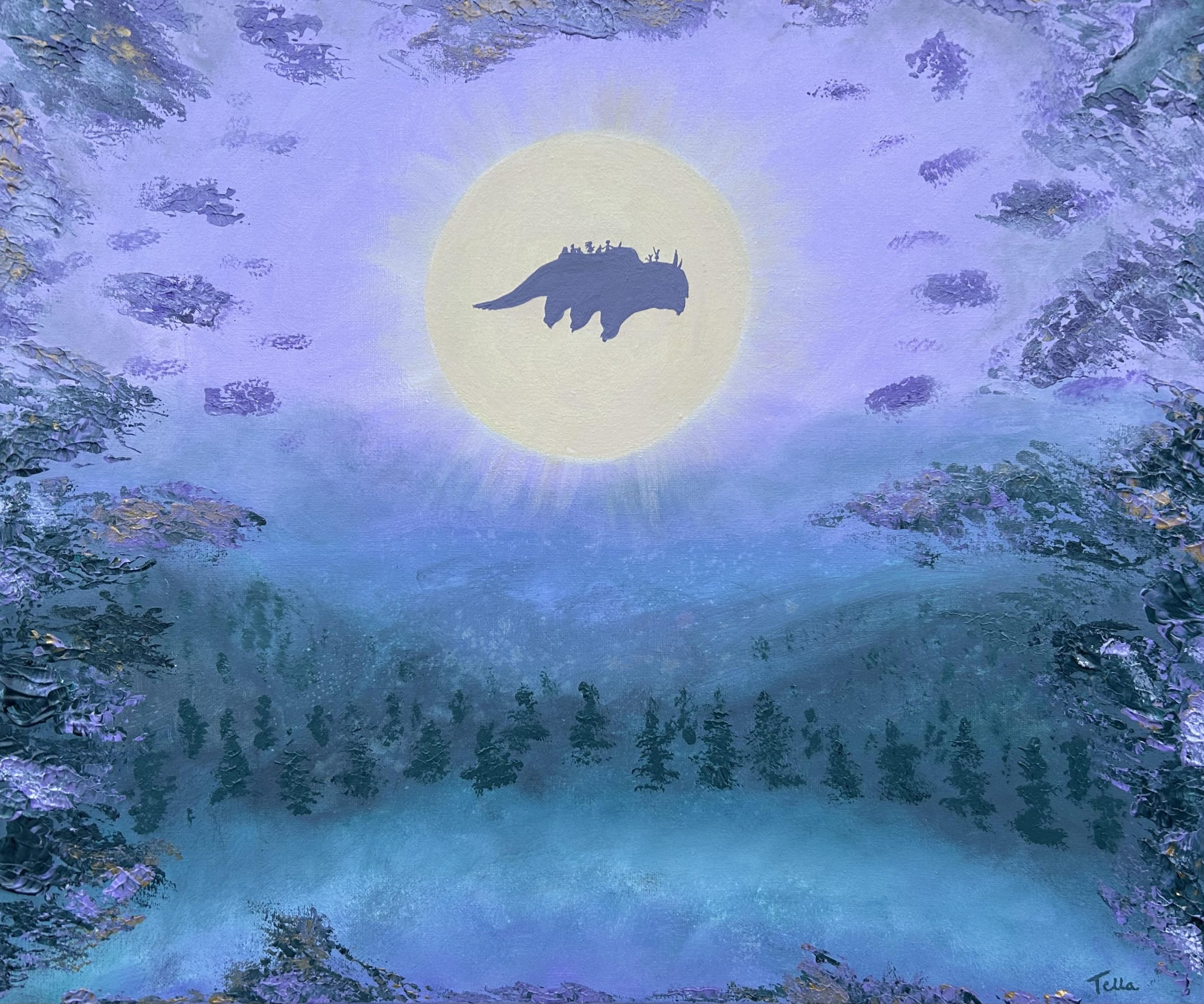 Appa from Avatar flying in front of the sun over a magical forest landscape.
